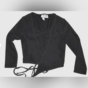 5.7.9. SZ XS 0 2 METALLIC BLACK TEXTURED 3/4 SLEEVE CROP TOP BLOUSE STRETCHY